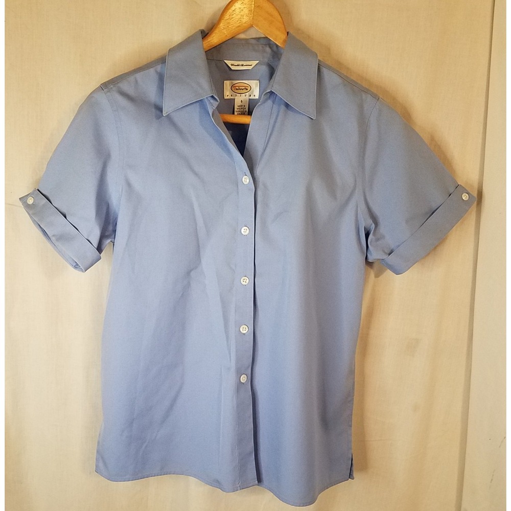Vintage Talbots Button‎ Up Shirt Womens 6P Blue Blouse Cuff Sleeves